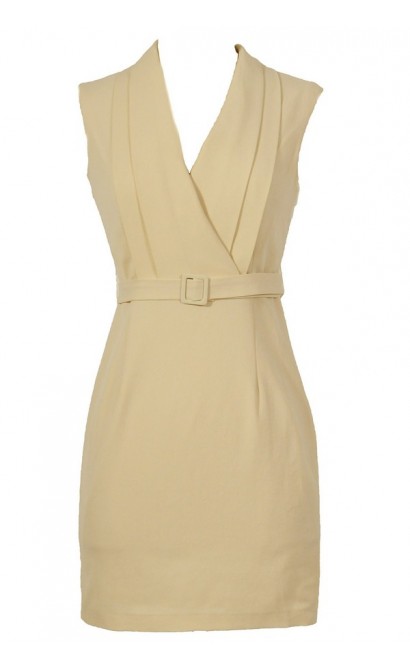 Day At The Museum Designer Belted Dress in Beige